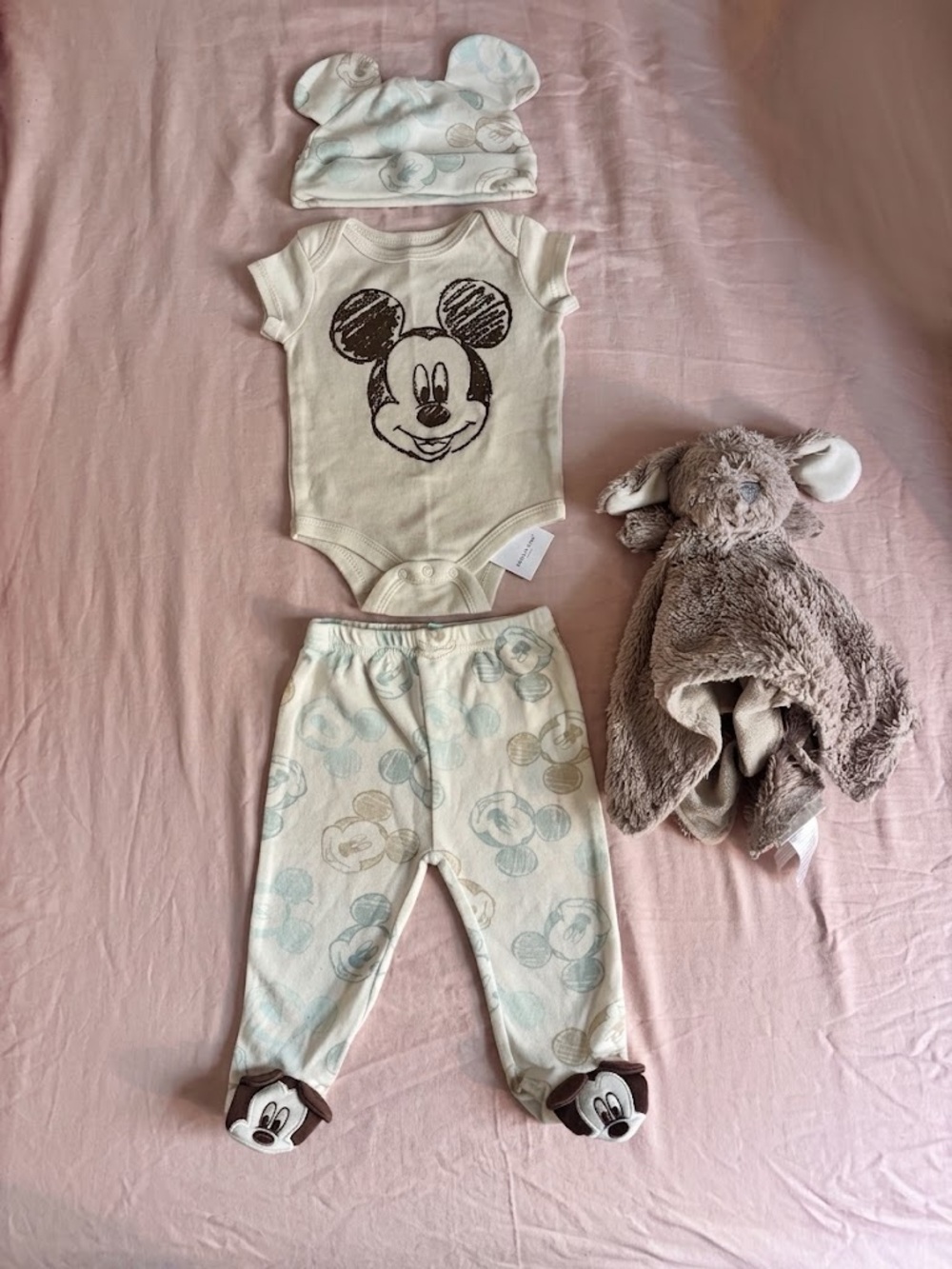 Cream Mickey Mouse Baby One-Piece Set with Hat and Footed Pants